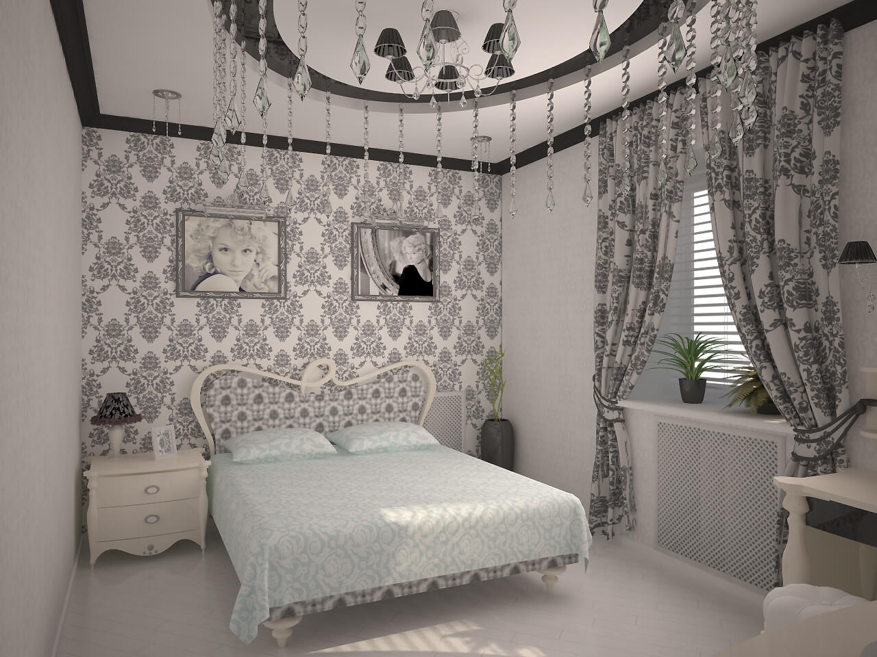 поєднання кольору шпалер і штор в спальні